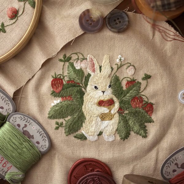 【限量作品】手工刺繡 \ 收納包 \ 抱著一籃草莓的兔子 - Image 6